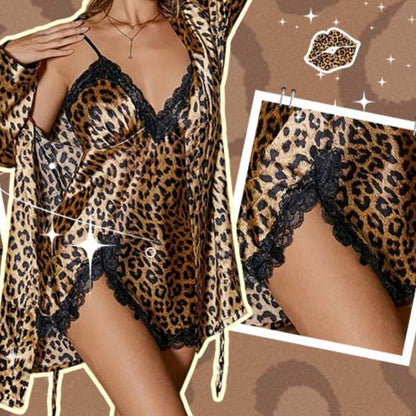 Elegantes Morgenmantel- & Nachthemd-Set mit stilvollem Leopardenmuster – Weich & Bequem für Tag und Nacht