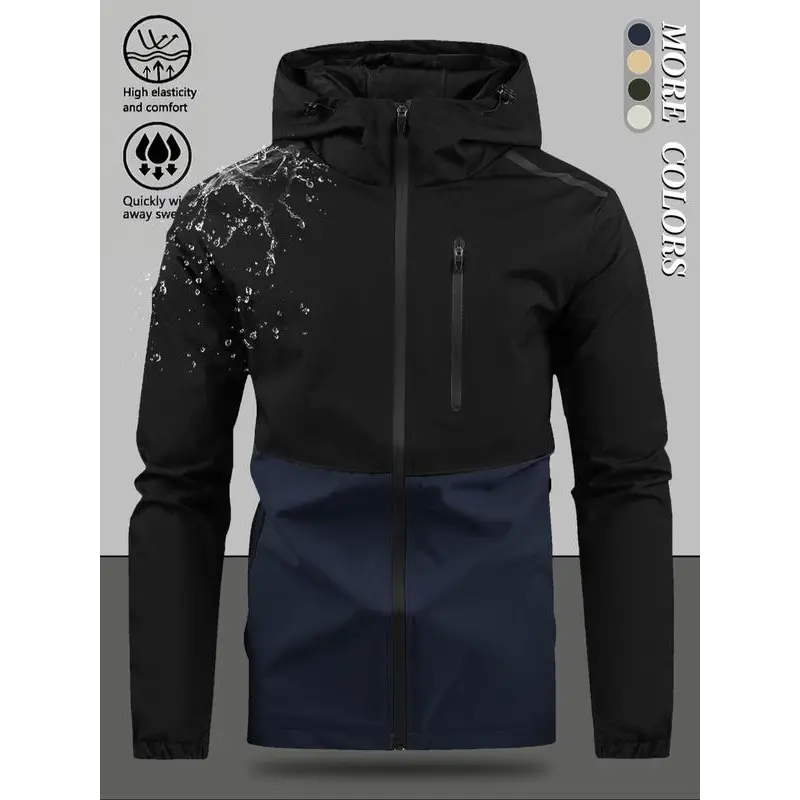 Winddichte Freizeit-Herrenjacke mit Kapuze und Color-Blocking