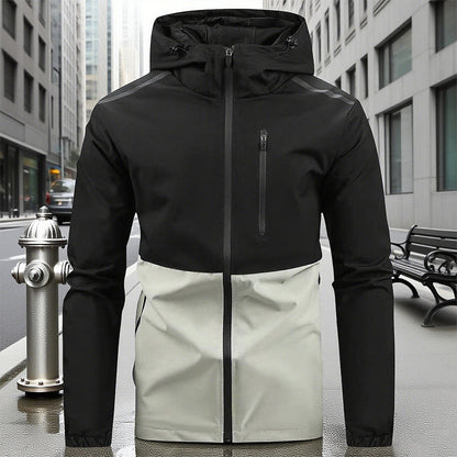 Winddichte Freizeit-Herrenjacke mit Kapuze und Color-Blocking