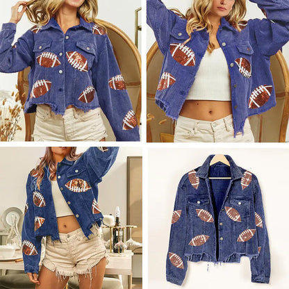Damen-Baseballjacke mit Stehkragen, Paillettenstickerei und Cordstoff im Vintage-Stil - Elegantes Oberteil mit Glitzerdetails