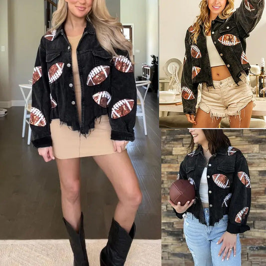 Damen-Baseballjacke mit Stehkragen, Paillettenstickerei und Cordstoff im Vintage-Stil - Elegantes Oberteil mit Glitzerdetails