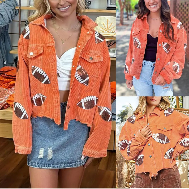 Damen-Baseballjacke mit Stehkragen, Paillettenstickerei und Cordstoff im Vintage-Stil - Elegantes Oberteil mit Glitzerdetails
