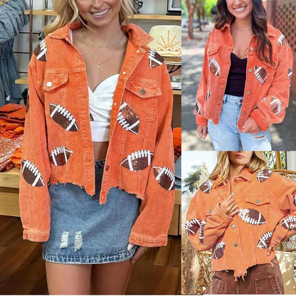 Damen-Baseballjacke mit Stehkragen, Paillettenstickerei und Cordstoff im Vintage-Stil - Elegantes Oberteil mit Glitzerdetails