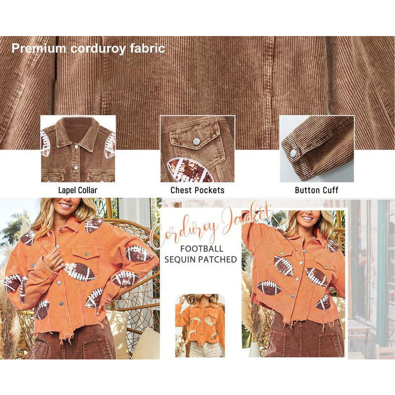 Damen-Baseballjacke mit Stehkragen, Paillettenstickerei und Cordstoff im Vintage-Stil - Elegantes Oberteil mit Glitzerdetails