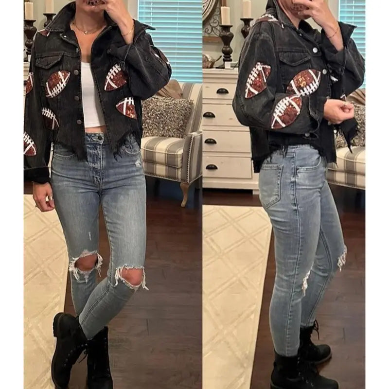 Damen-Baseballjacke mit Stehkragen, Paillettenstickerei und Cordstoff im Vintage-Stil - Elegantes Oberteil mit Glitzerdetails