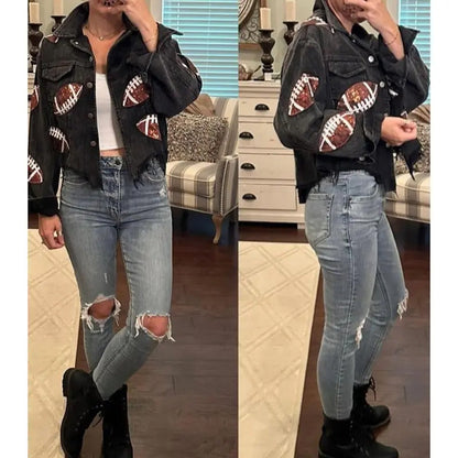 Damen-Baseballjacke mit Stehkragen, Paillettenstickerei und Cordstoff im Vintage-Stil - Elegantes Oberteil mit Glitzerdetails