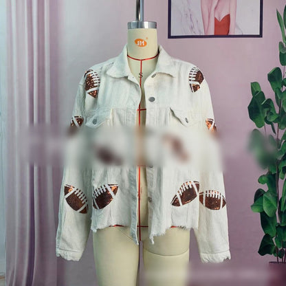 Damen-Baseballjacke mit Stehkragen, Paillettenstickerei und Cordstoff im Vintage-Stil - Elegantes Oberteil mit Glitzerdetails