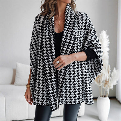 Damen Poncho mit offener Vorderseite im Hahnentritt-Muster