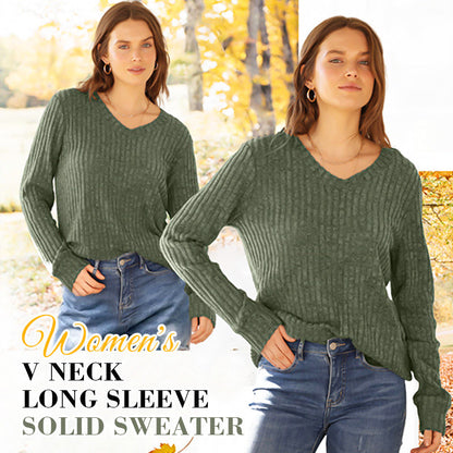 🔥Solange der Vorrat reicht 50% Rabatt!🎉Damen-Pullover mit V-Ausschnitt und langen Ärmeln in Uni-Farbe