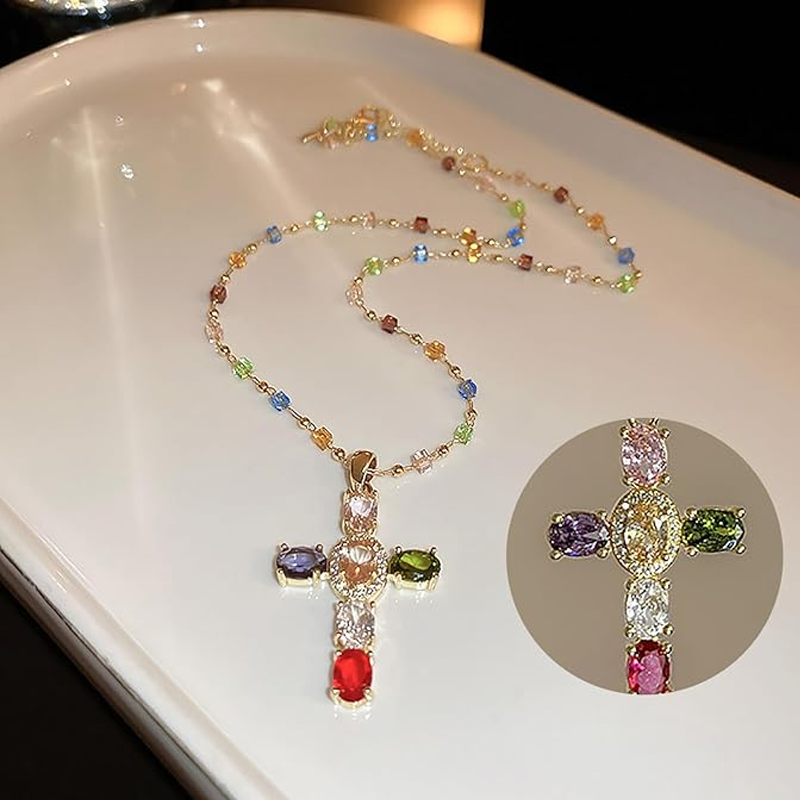💖Farbenfrohe Strass-Kreuz-Anhänger Halsketten