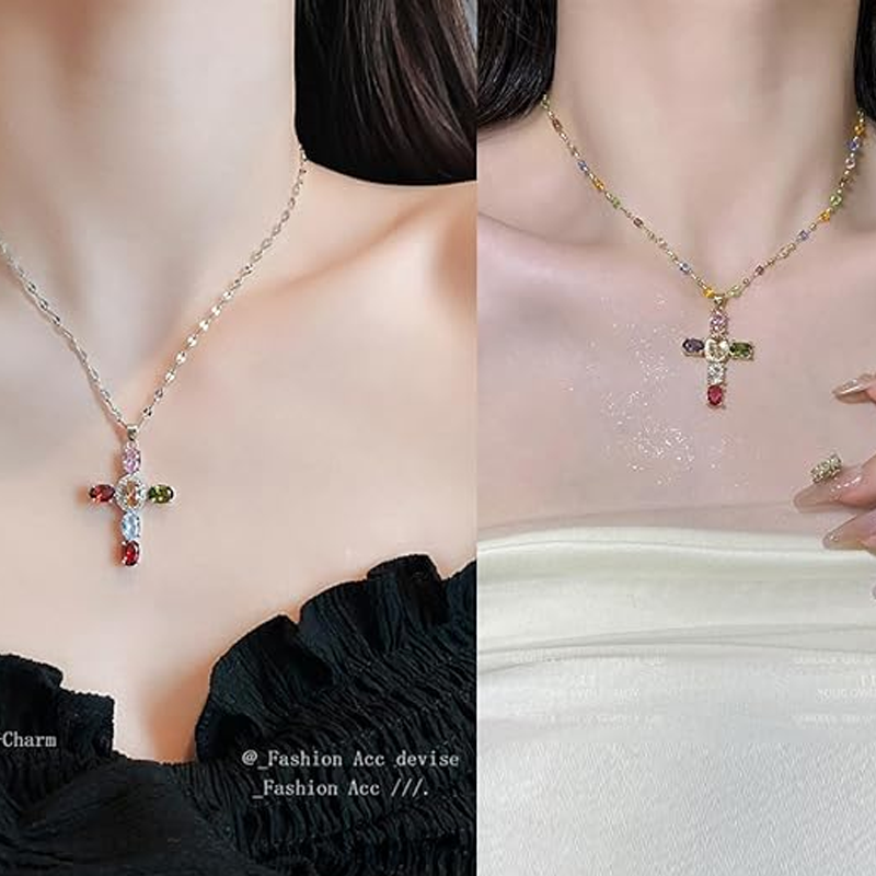 ✨🎅Weihnachtsangebote – Nur für kurze Zeit!⏰Bunte Strass-Kreuz-Anhänger-Halsketten