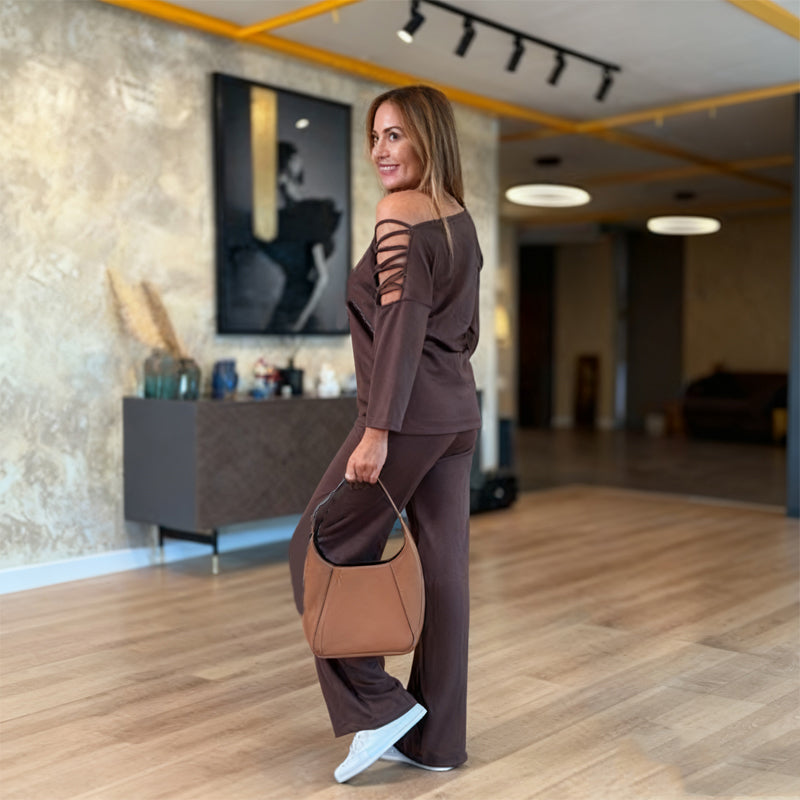 Damen lässiges 2-teiliges Sport-Set mit schulterfreiem Oberteil