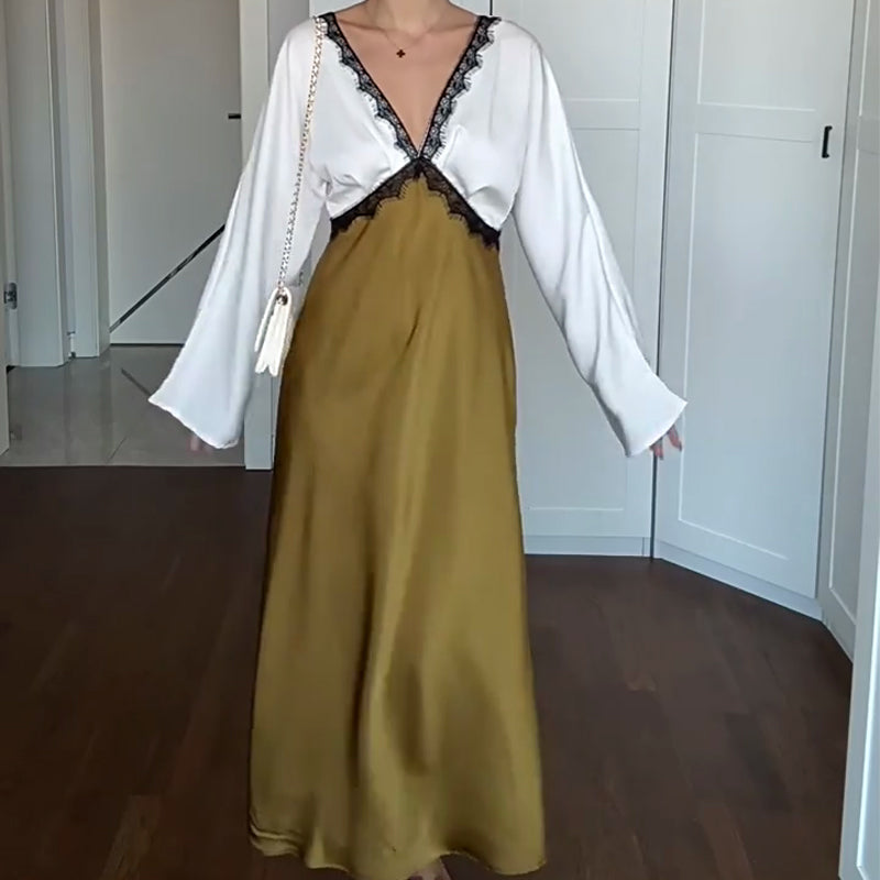 🎅🎁Weihnachtsangebot – 50 % Rabatt⏳Elegantes Damen-Langarmkleid mit Spitze und Patchwork🚀Versandkostenfrei