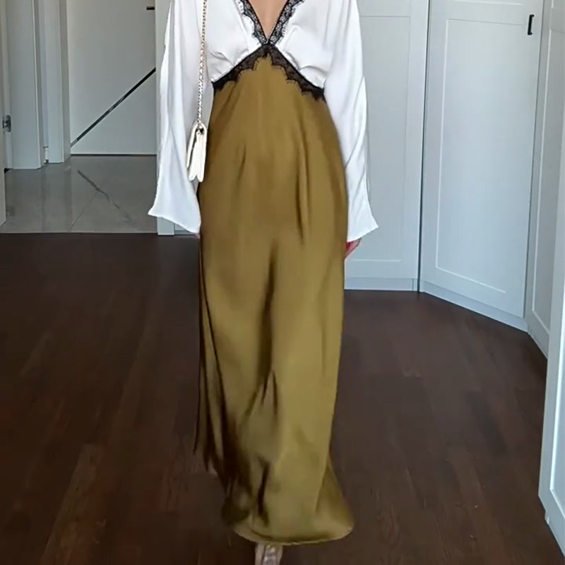 🎅🎁Weihnachtsangebot – 50 % Rabatt⏳Elegantes Damen-Langarmkleid mit Spitze und Patchwork🚀Versandkostenfrei