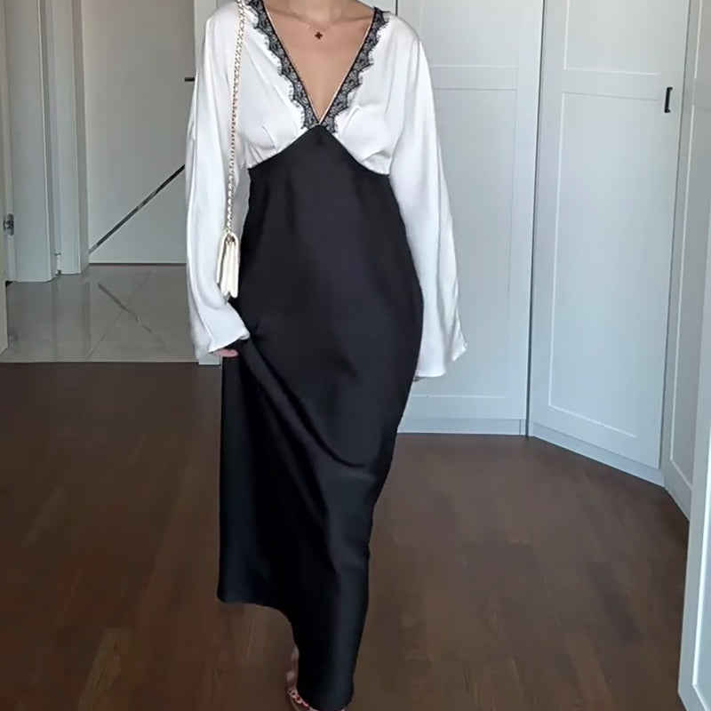 🎅🎁Weihnachtsangebot – 50 % Rabatt⏳Elegantes Damen-Langarmkleid mit Spitze und Patchwork🚀Versandkostenfrei