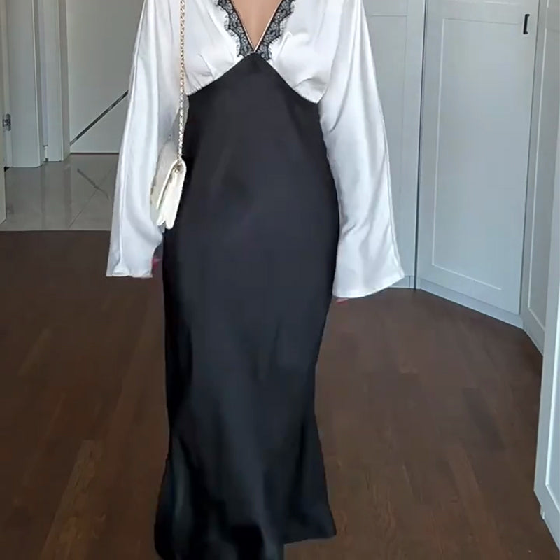 🎅🎁Weihnachtsangebot – 50 % Rabatt⏳Elegantes Damen-Langarmkleid mit Spitze und Patchwork🚀Versandkostenfrei