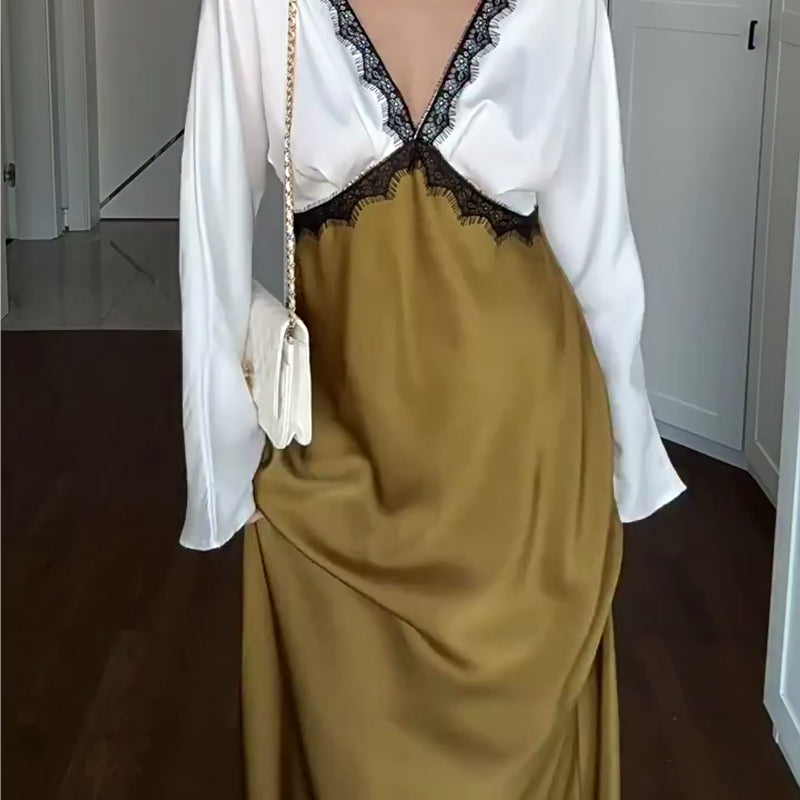 🎅🎁Weihnachtsangebot – 50 % Rabatt⏳Elegantes Damen-Langarmkleid mit Spitze und Patchwork🚀Versandkostenfrei