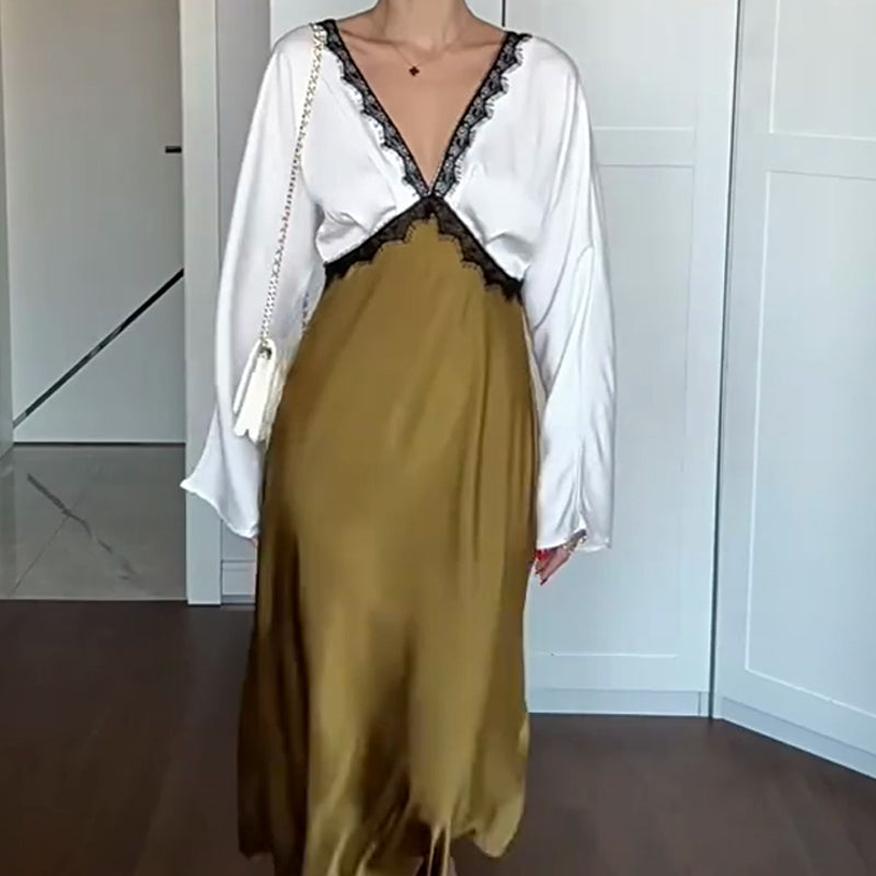 🎅🎁Weihnachtsangebot – 50 % Rabatt⏳Elegantes Damen-Langarmkleid mit Spitze und Patchwork🚀Versandkostenfrei