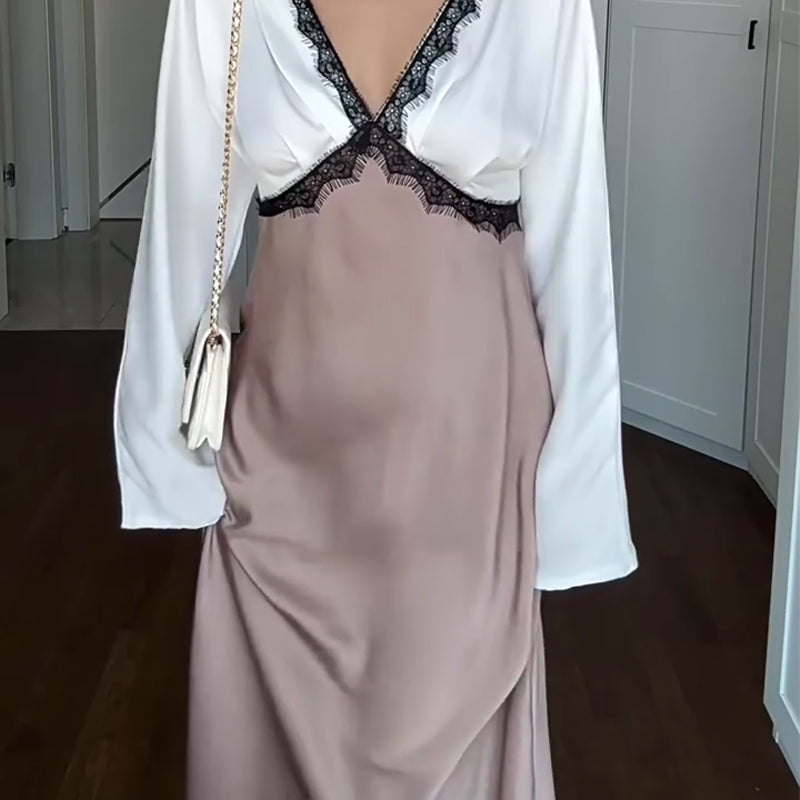 🎅🎁Weihnachtsangebot – 50 % Rabatt⏳Elegantes Damen-Langarmkleid mit Spitze und Patchwork🚀Versandkostenfrei