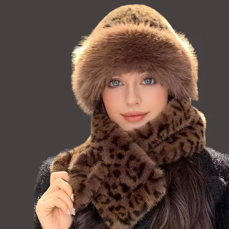 Leopardenmuster-Mütze & Schal aus Kunstplüsch – 2-teiliges Set