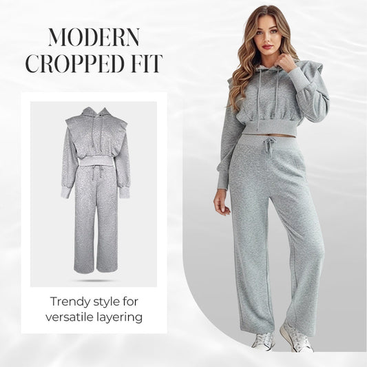 2-teiliges Rippstrick-Langarm-Crop-Top mit Weitbeinhose als abgestimmtes Lounge-Outfit