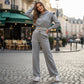2-teiliges Rippstrick-Langarm-Crop-Top mit Weitbeinhose als abgestimmtes Lounge-Outfit