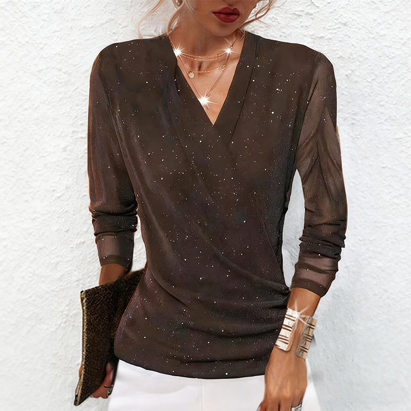 🖤 Black Friday 50% Rabatt für eine begrenzte Zeit 🔥Sparkle Crossover Damen V-Ausschnitt Langarm Top