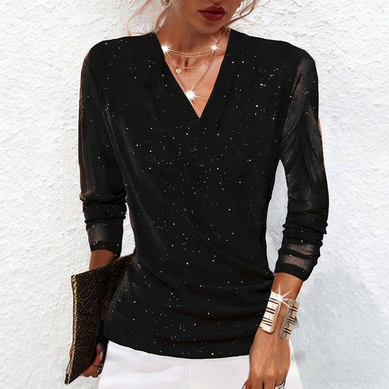 🖤 Black Friday 50% Rabatt für eine begrenzte Zeit 🔥Sparkle Crossover Damen V-Ausschnitt Langarm Top