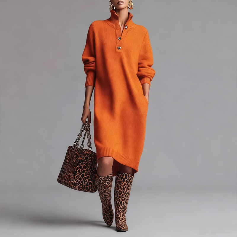 💖Black-Friday-Mega-Angebot – 50 % Rabatt!💖Damen geripptes Strickkleid mit Hemdkragen und Knopfleiste