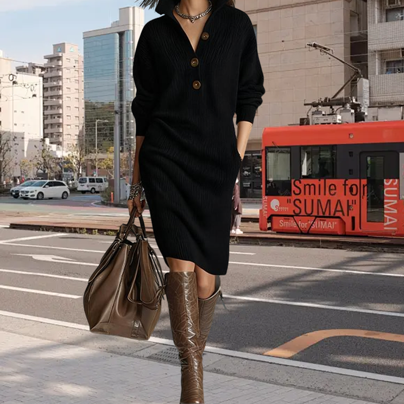 💖Black-Friday-Mega-Angebot – 50 % Rabatt!💖Damen geripptes Strickkleid mit Hemdkragen und Knopfleiste