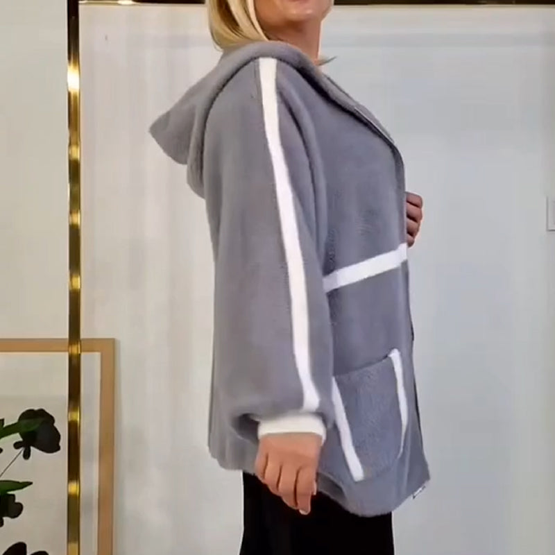 ⌛ Nur noch 3 Tage – 50 % auf alles! ⏰Damen kuschelige warme Kapuzenjacke mit Streifendetail