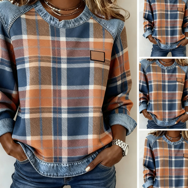 ✨🎅Weihnachtsangebote – Nur für kurze Zeit!⏰Denim-Patchwork-Karo-Langarmtops für Damen