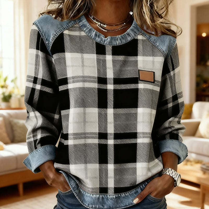 ✨🎅Weihnachtsangebote – Nur für kurze Zeit!⏰Denim-Patchwork-Karo-Langarmtops für Damen