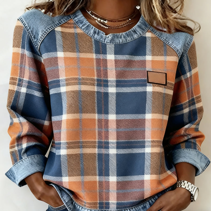 ✨🎅Weihnachtsangebote – Nur für kurze Zeit!⏰Denim-Patchwork-Karo-Langarmtops für Damen