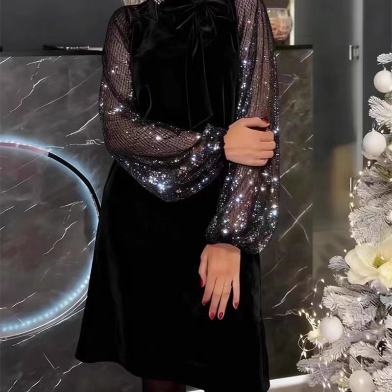 ⌛ Nur noch 3 Tage – 50 % auf alles! ⏰Damen Paillettenkleid mit Schleife am Kragen