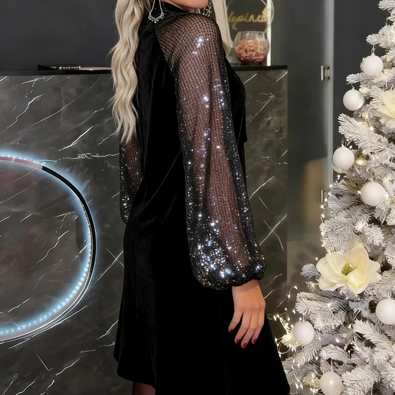 ⌛ Nur noch 3 Tage – 50 % auf alles! ⏰Damen Paillettenkleid mit Schleife am Kragen