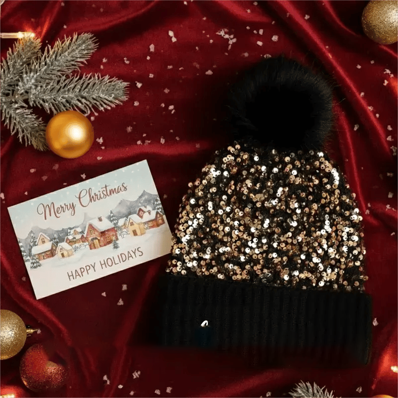 Fröhliches Neujahr! 50% auf alles 🎊⏰Wintermütze mit Quaste und glitzernden Pailletten