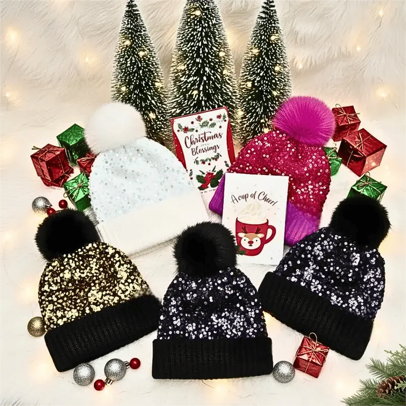 Fröhliches Neujahr! 50% auf alles 🎊⏰Wintermütze mit Quaste und glitzernden Pailletten