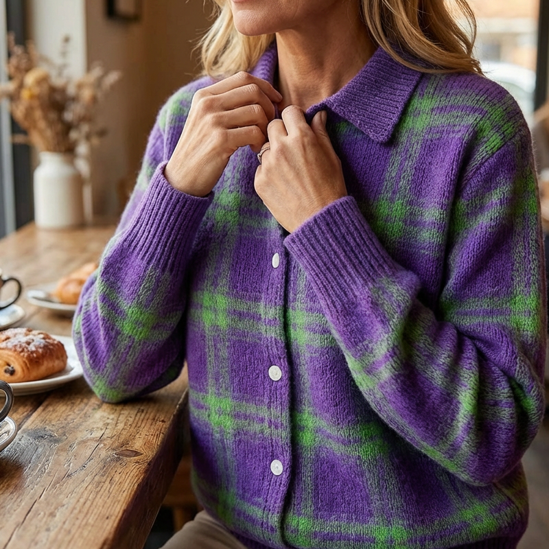 ⌛ Nur noch 3 Tage – 50 % auf alles! ⏰Damen-Strickjacke mit Karomuster und Knopfleiste