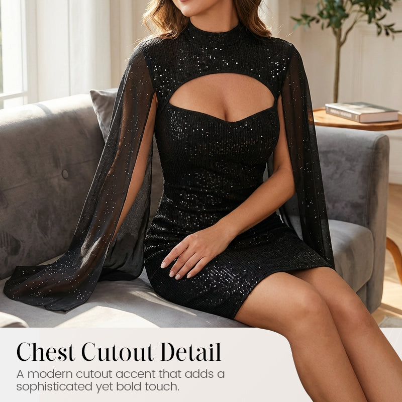 Figurbetontes Chiffonkleid für Damen – Rundhals, Cape-Ärmel, Perlendetails 👗💫