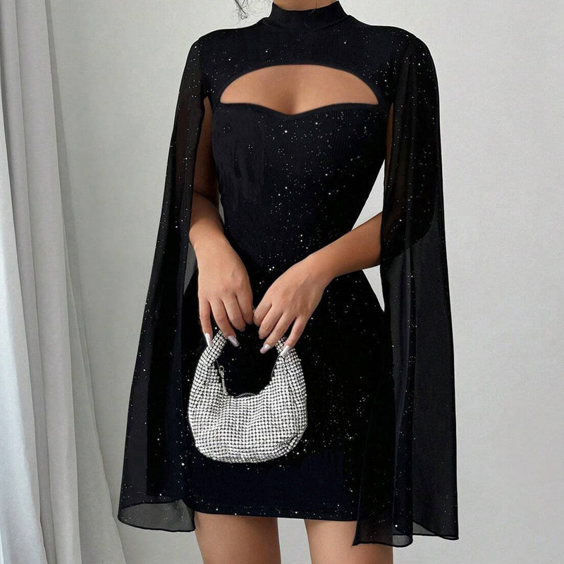 Figurbetontes Chiffonkleid für Damen – Rundhals, Cape-Ärmel, Perlendetails 👗💫