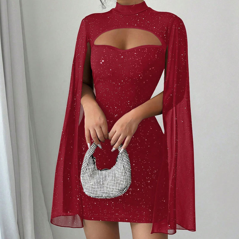 Figurbetontes Chiffonkleid für Damen – Rundhals, Cape-Ärmel, Perlendetails 👗💫