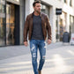 Herren Jeans mit Stickerei – Gerade Passform, Mit Knie-Details und Reißverschluss
