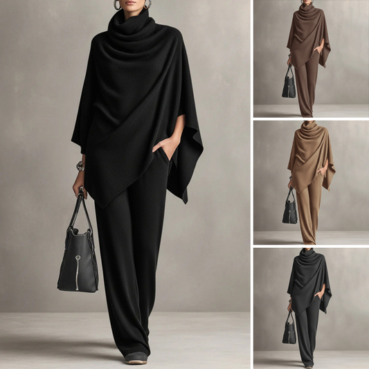 Damen-Set: Cape-Oberteil mit Wasserfallkragen & Hose mit weitem Bein