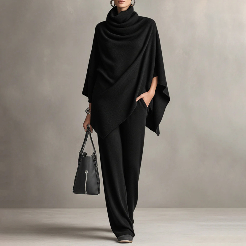 Damen-Set: Cape-Oberteil mit Wasserfallkragen & Hose mit weitem Bein