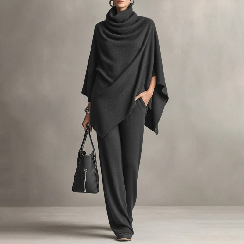Damen-Set: Cape-Oberteil mit Wasserfallkragen & Hose mit weitem Bein