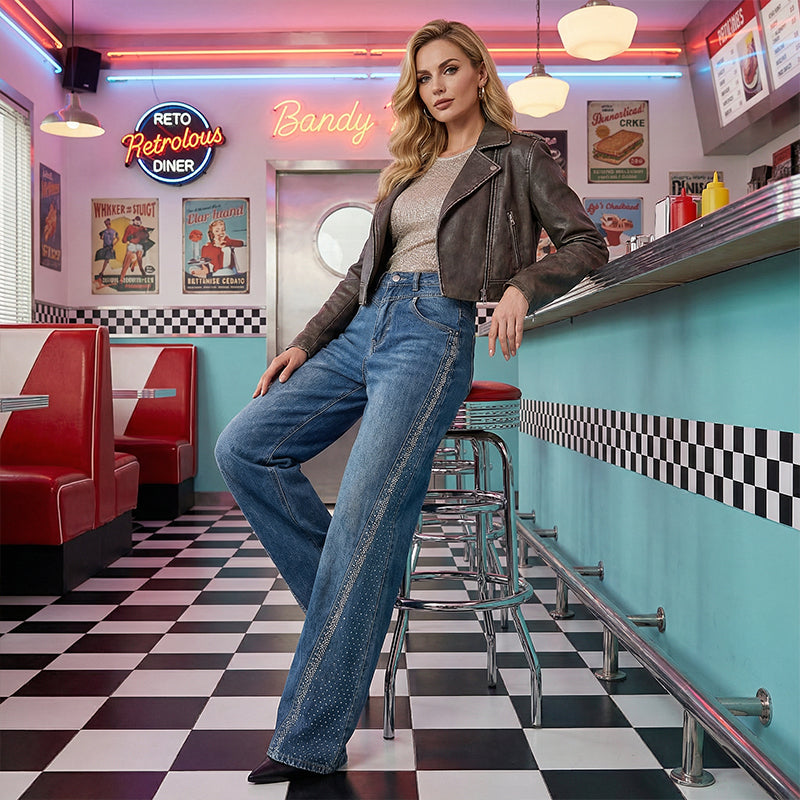 Damen-Jeans mit Strassdetails – Weites Bein & dezenter Schlag, modern und elegant ✨👖