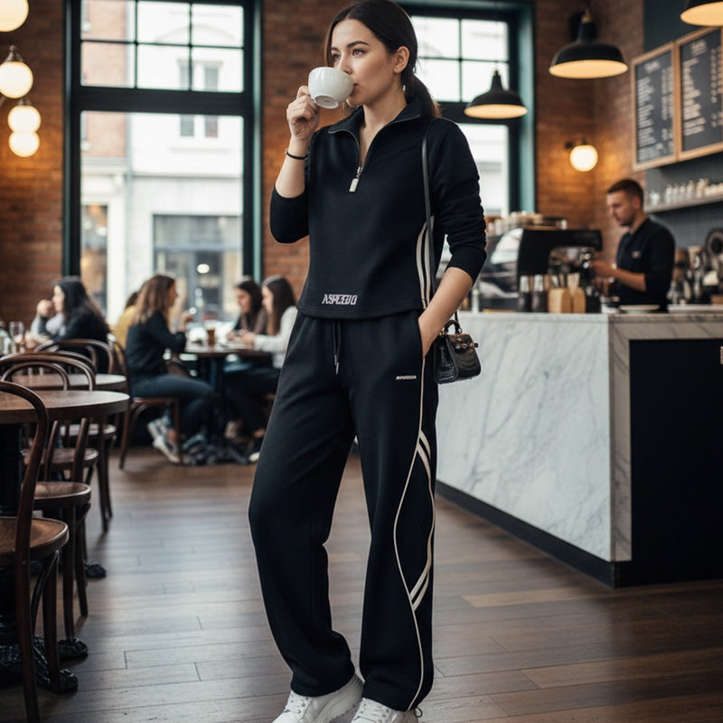 Damen-Freizeit-Trainingsanzug-Set mit halbem Reißverschluss