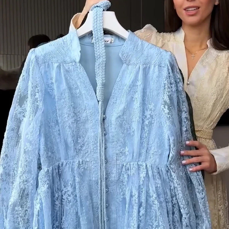 Französisches Maxikleid mit Stickerei – V-Ausschnitt, tailliert, lange Ballonärmel | Frühjahrskollektion🌷