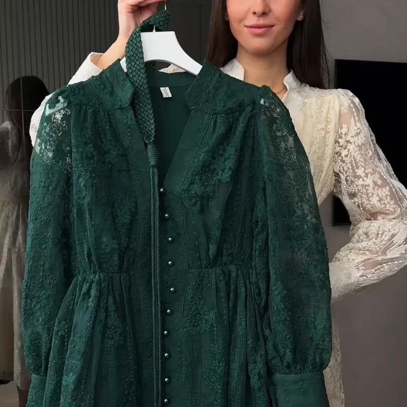 Französisches Maxikleid mit Stickerei – V-Ausschnitt, tailliert, lange Ballonärmel | Frühjahrskollektion🌷